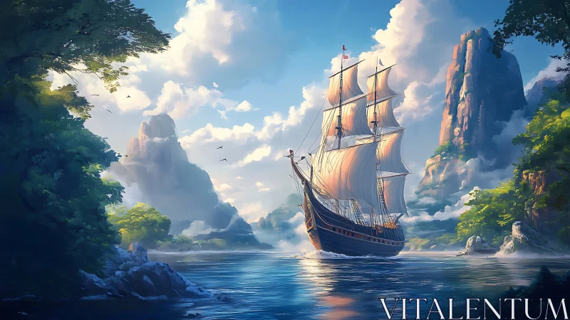 Three-masted sailing ship in luminous tropical fjord at dawn