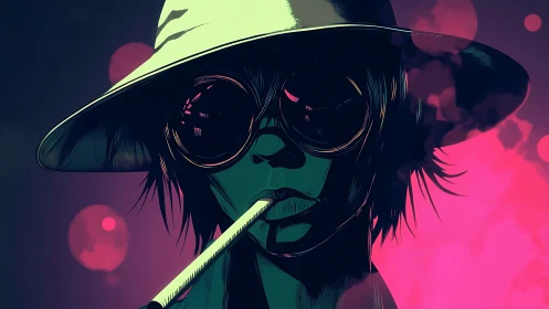 Neon drifter in wide-brimmed hat smoking through shadows.