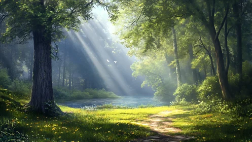 Sunlit Forest Path by Tranquil Lake in Lush Green Landscape.