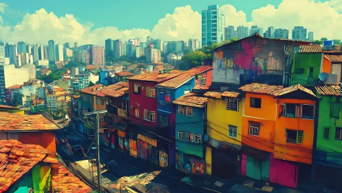 Chromatic hillside favela against rectilinear urban skyline.