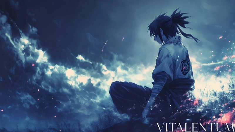 Solitary anime warrior resting in a stormlit battlefield.