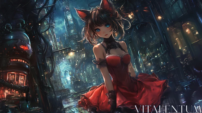 Cat-eared girl in red dress within neon cyberpunk cityscape.