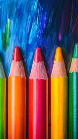 Close-up of colored pencils before blue painted backdrop.