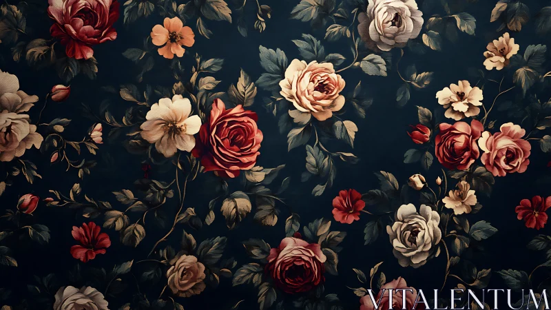 Baroque Floral Composition: Deep Chromatic Roses and Botanical Elements.