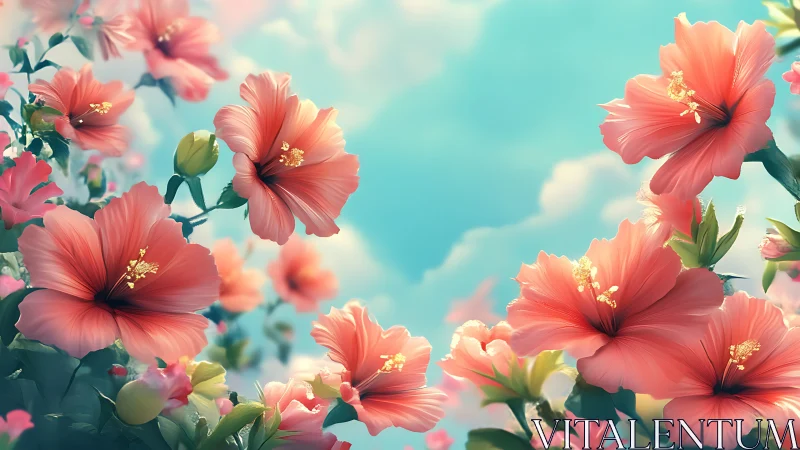 Coral Hibiscus Flowers Against Turquoise Sky with Dynamic Sunlight
