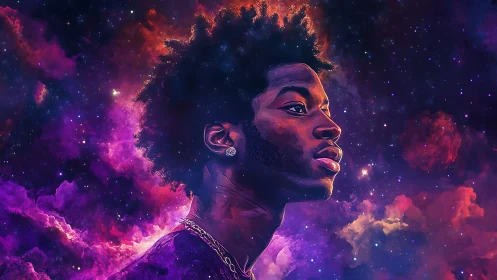 Cosmic profile portrait in nebula-rich magenta violet starfield