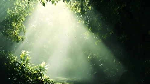 Gentle sunbeams pour into a peaceful emerald forest clearing