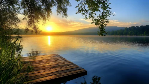 Sunrise over calm lake with wooden dock and shoreline trees.
