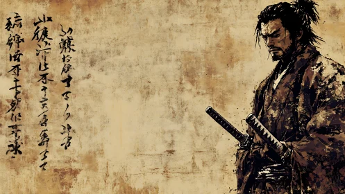 Grunge textured samurai portrait with dual katana focus.