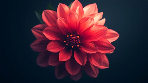 Radiant Red Dahlia Glowing Against Deep Teal.