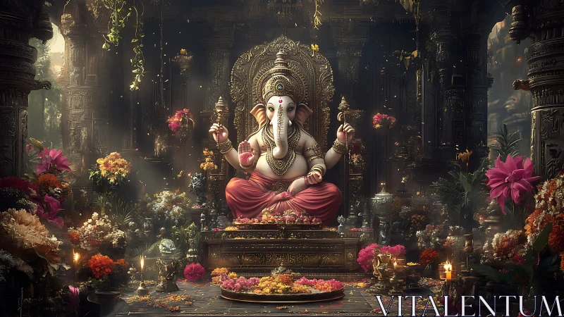 Ganesh idol seated in ornate shrine with dense floral decor.