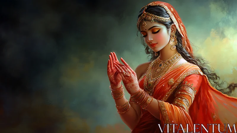 Digital painting of Indian bride in orange sari, praying.
