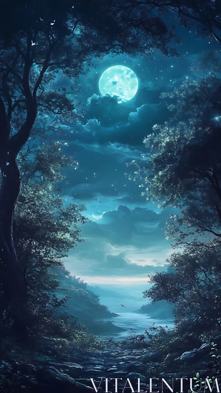 Moonlit forest path leading to distant water horizon.