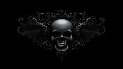 Glossy skull emerges from baroque black ornamental wings