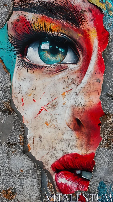Fragmented mural portrait with detailed eye and lips on wall.
