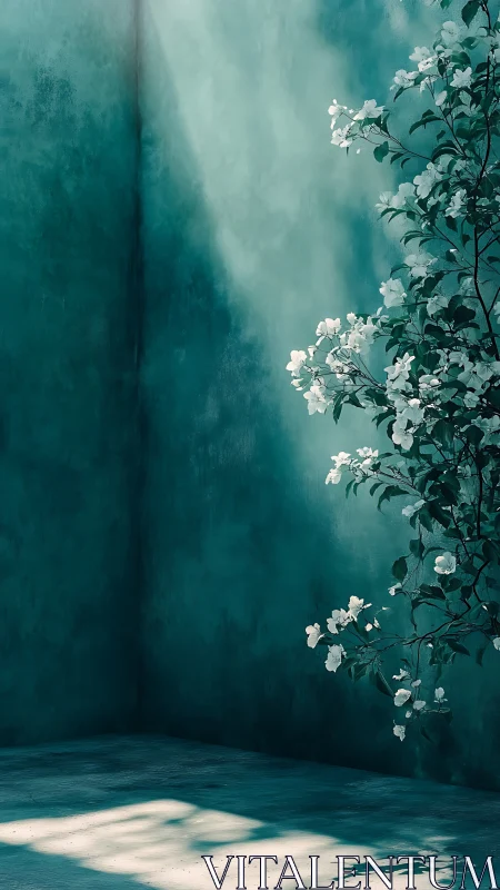White Flowers Against Teal Wall with Ambient Light