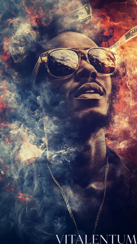 Smoky portrait merges reflective sunglasses with burning wealth
