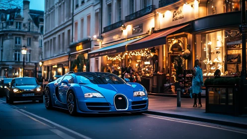 Blue hypercar glides through golden luxury boulevard dusk.