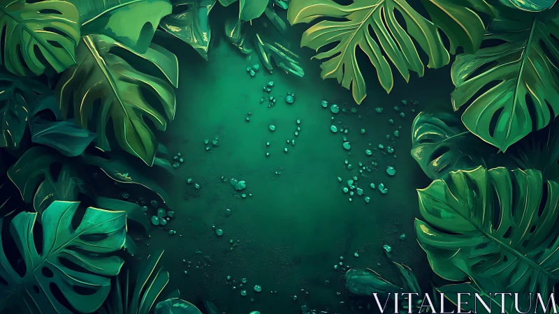 Lush tropical monstera leaves frame wet emerald surface