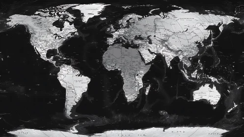 Monochrome world map with labeled political boundaries and graticule lines