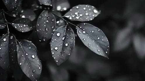 Monochrome close view shows wet leaves with water droplets
