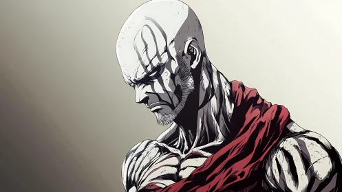 Stoic bald warrior in red mantle rendered with stark shadows.