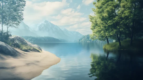 Photorealistic alpine lakeshore with trees and distant mountains.