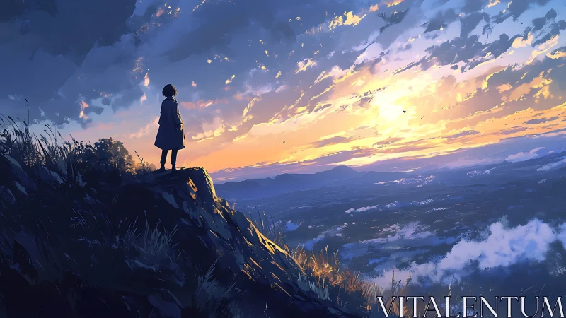 Solitary dreamer pauses on a cliff edge to greet the dawn