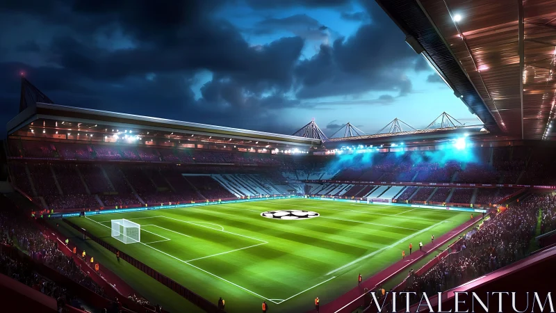 Floodlit football arena under stormy blue evening sky.