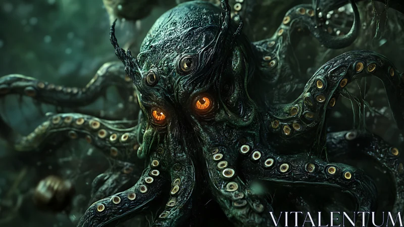 Bioluminescent eldritch cephalopod with multi-eyed crown in abyss