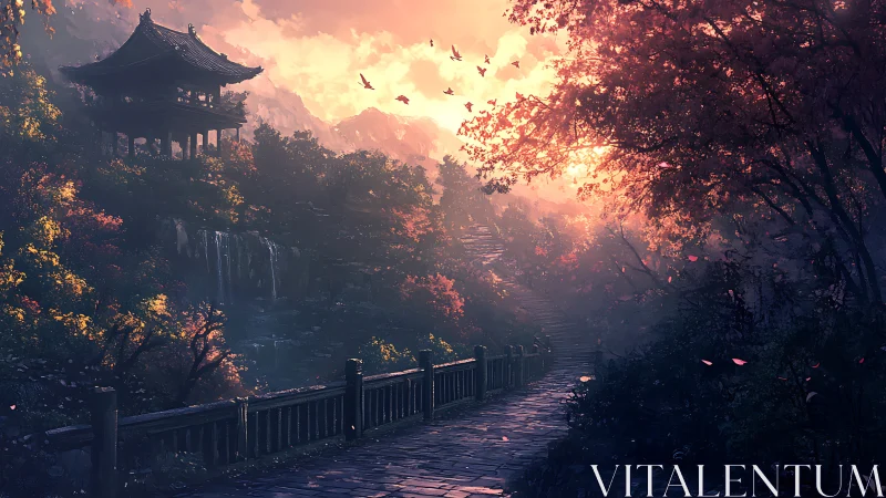 Sunlit temple path winds through misty autumn valley