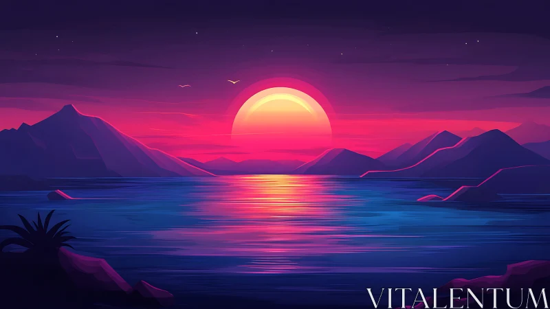Neon sunset over calm sea with stylized mountain silhouettes.