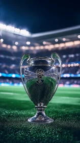 Glittering football trophy under bright stadium lights.