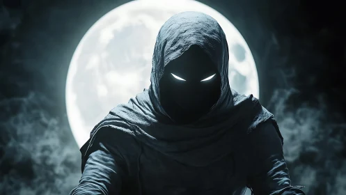Hooded figure silhouette with glowing eyes before full moon.