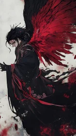 Winged dark robed figure with red and black feathers stands