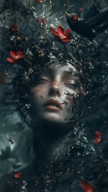 Dreamlike female face entwined with flowers and bird.