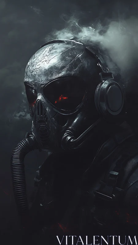 Militarized respirator operative in smoke-filled low key portrait.