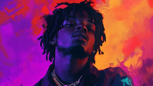 Vibrant portrait merges neon gradients with bold attitude.