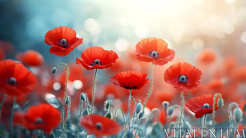 Shallow-Depth Red Poppies: Soft-Focus Botanical Field Study.
