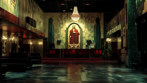 Moody lounge interior centers on illuminated sacred portrait.