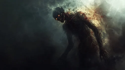 Shadowy fiery-eyed monster emerges from swirling toxic mist