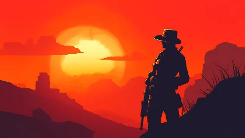 Lone armed cowboy surveys blazing desert sunset horizon