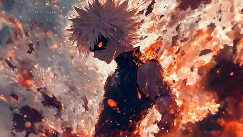 Explosive anime antihero emerges from swirling incandescent flames