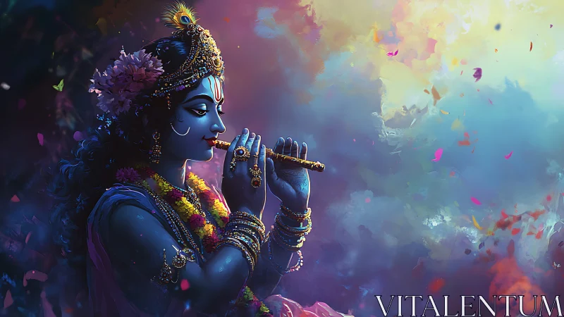 Moonlit blue flutist crowned in blossoms and swirling light.