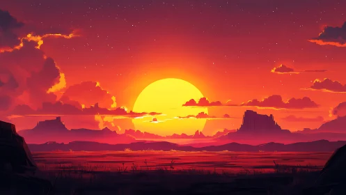 Radiant desert sunset behind mesa silhouettes in warm gradients.