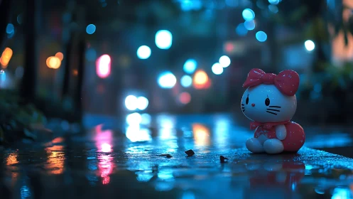 Toy cat figurine on wet city street at night in rain.