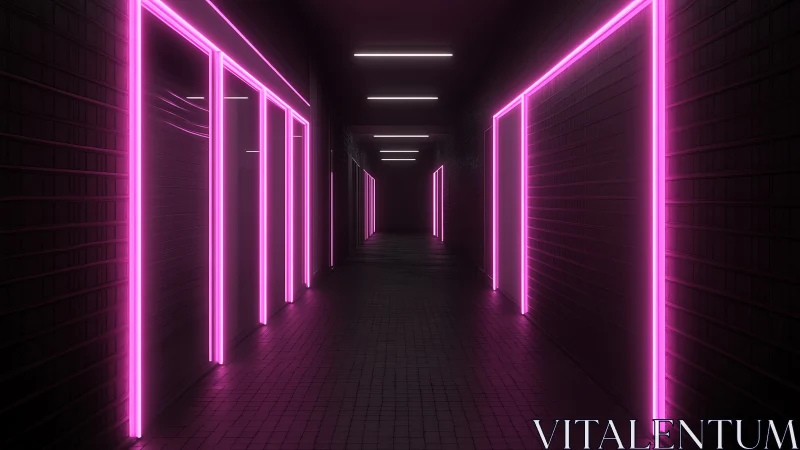 Neon illuminated corridor with parallel rectangular light frames.