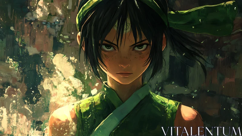 Determined young warrior stares forward in vivid green light