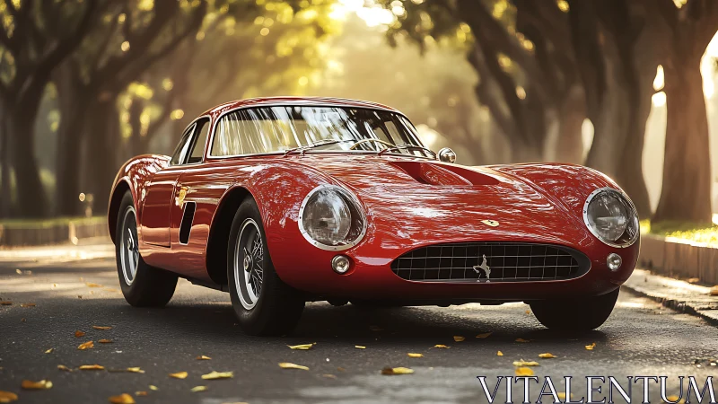 Red classic sports coupe is parked on a tree-lined street