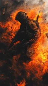 Armored soldier silhouette advances through engulfing inferno